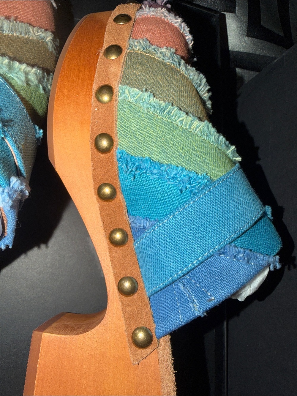 Kurt Geiger Rainbow Striped Denim Buckle Clogs - Picture 7 of 11